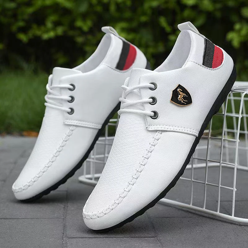 Men's loafers, featuring black and red accents - low-top lace-up design, breathable fabric lining and durable PVC sole, suitable