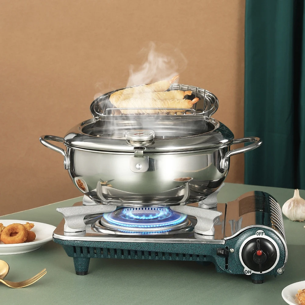 20cm 24cm SUS304 Stainless Steel Tempura Deep Fryer With Lid and Thermometer, 4.2L Large Pot for Gas Stove Induction Cooker