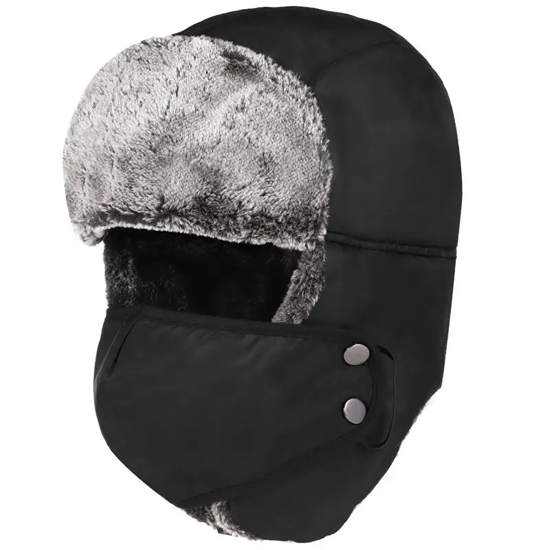 Black Warm Russian Trooper Hat With Windproof Mask Trapper Winter Skiing Cap Women Men Windproof Trapper Hunter Furry Hat