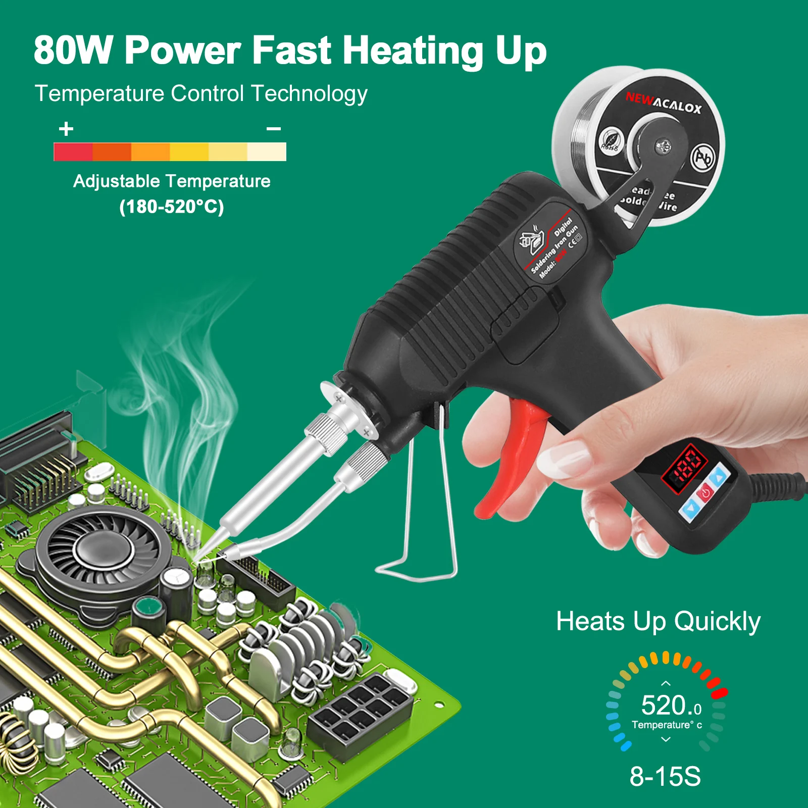 Toolour solder Gun LCD Digital, 180-520 ℃ suhu dapat disesuaikan EU 220V 80W otomatis mengirim pistol timah untuk alat perbaikan las