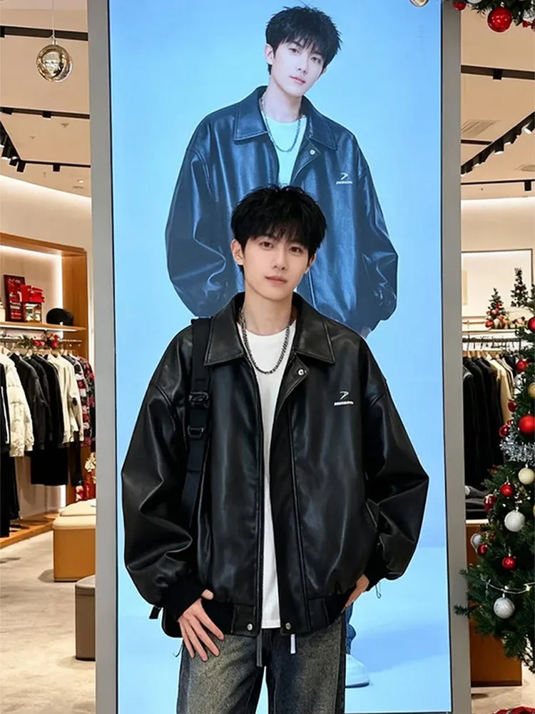 

American Sle Men's Bla Leather Jaet 2026 Spring Autumn New High-End Cool Biker Flight Coat Stand Fit Long Sve Zipper