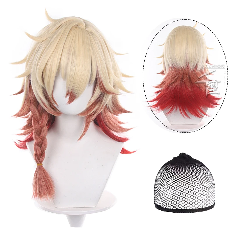 Game Honkai Star Rail Mydei Cosplay Wig Yellow Hair Red Braid for Halloween Party +Free Wig Cap