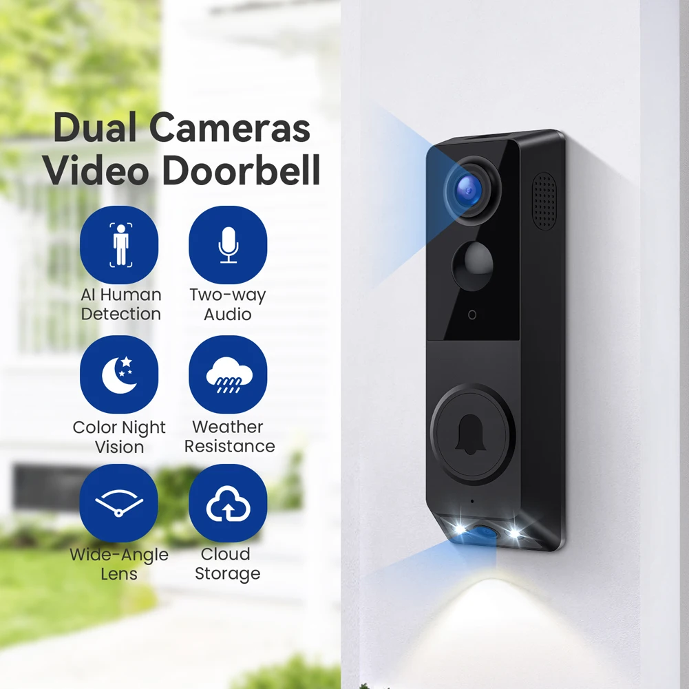720P 2.4GHz WiFi Security Ring Doorbell 2-Way Communication Smart Visual Doorbell Cloud Storage for Indoor Outdoor Surveillance