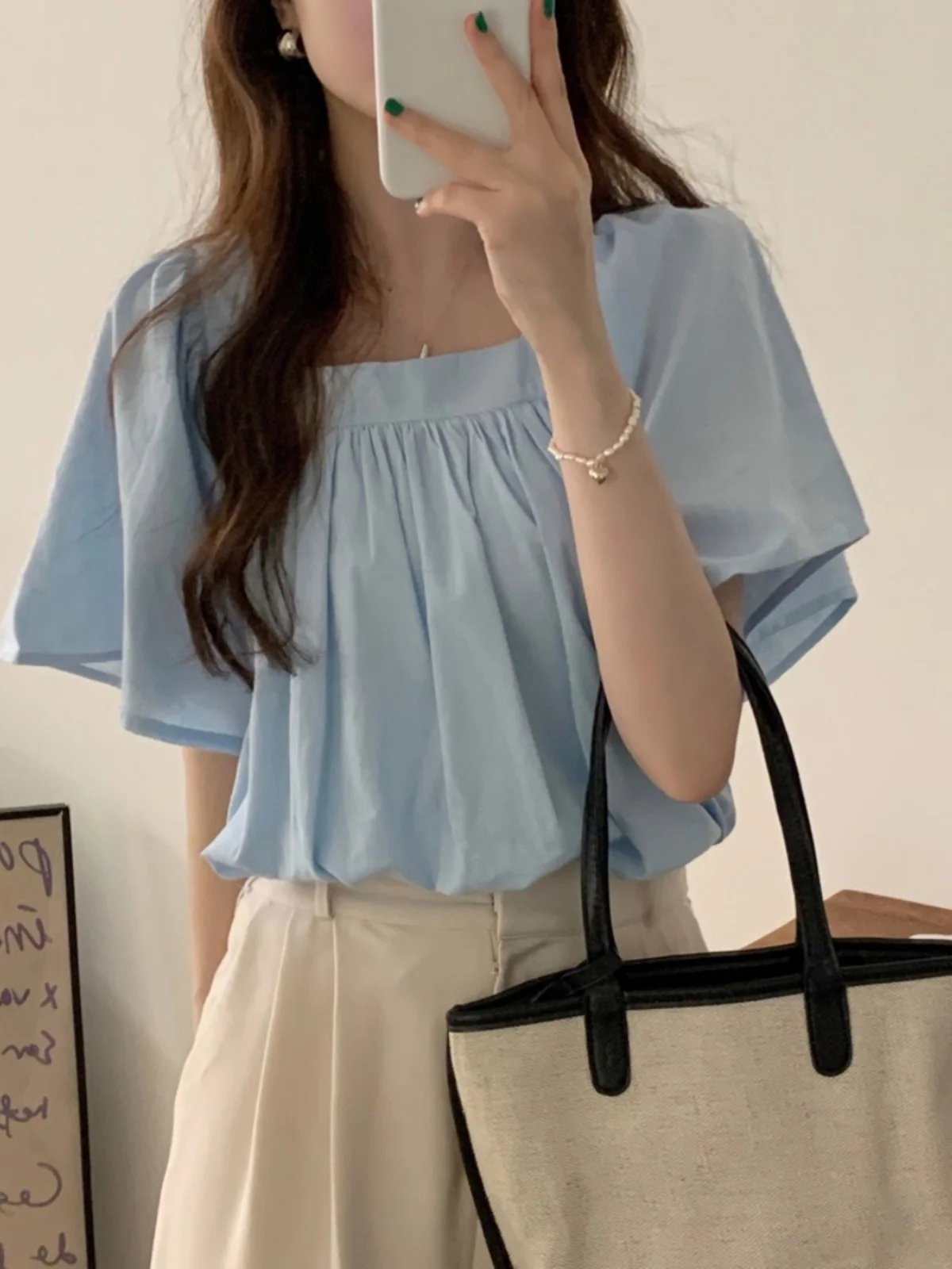 

Chic Summer Loose Elastic Pleated Square Collar ort Sve irt Korean Sle Wide Leg Pants Cotton Blend Women's Top