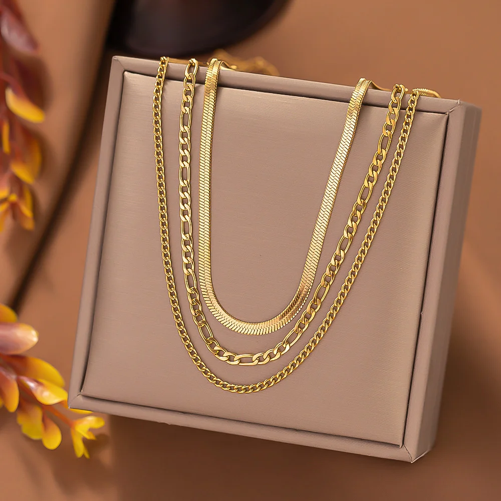316L Stainless Steel Gold Color 3 Chains Layered Necklace Women Simple Daily-wear Trend Triple Chains Neck Jewelry Gifts Bijoux