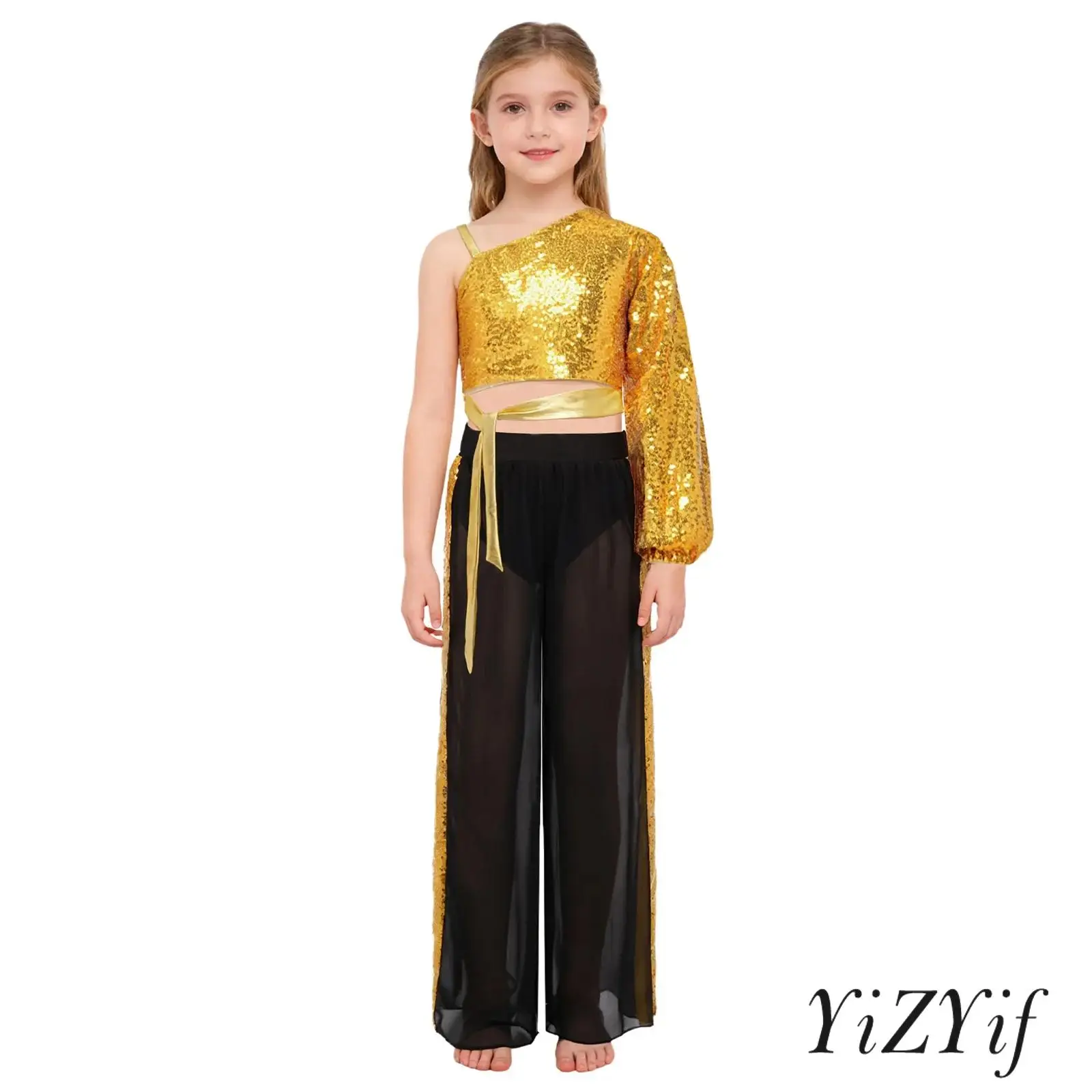 

Kids Girls 2Pieces Jazz Lyrical Dance Outfit One Shoulder Long Sleeve Zipper Self-Tie Shiny Sequins Crop Top with Wide-Leg Pants