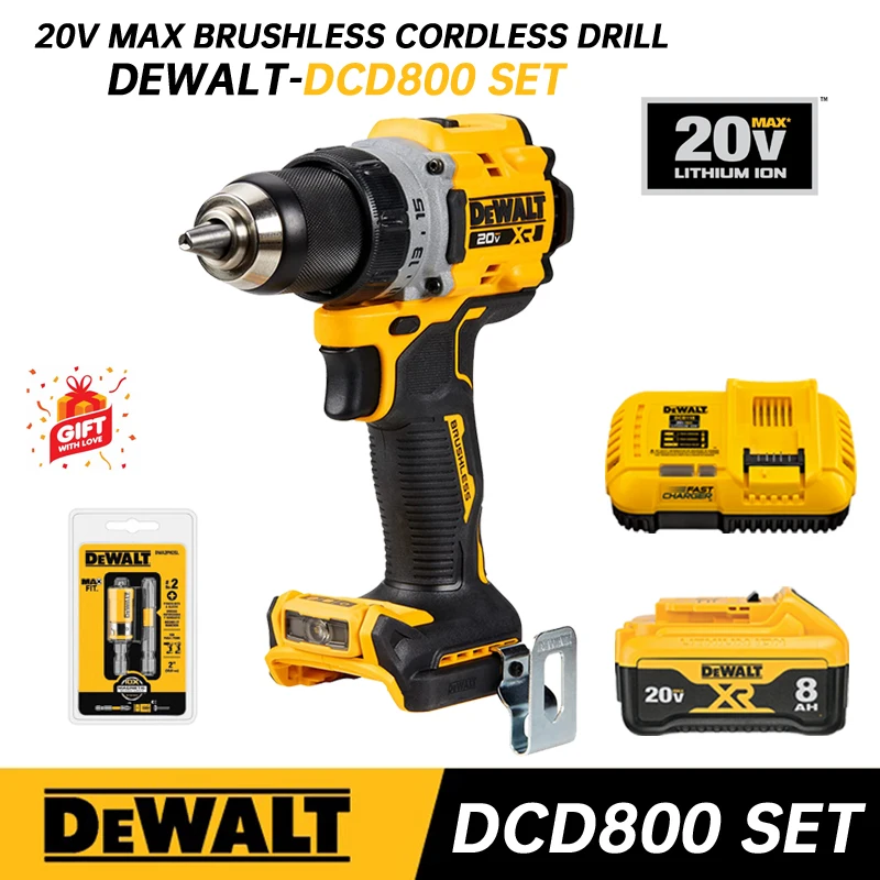 Dewalt Dcd800 Accuboor Driver 20V Lithium Batterij 2000 Rpm Borstelloze Motor Oplaadbare Boormachine Elektrisch Gereedschap Dcd800 Set
