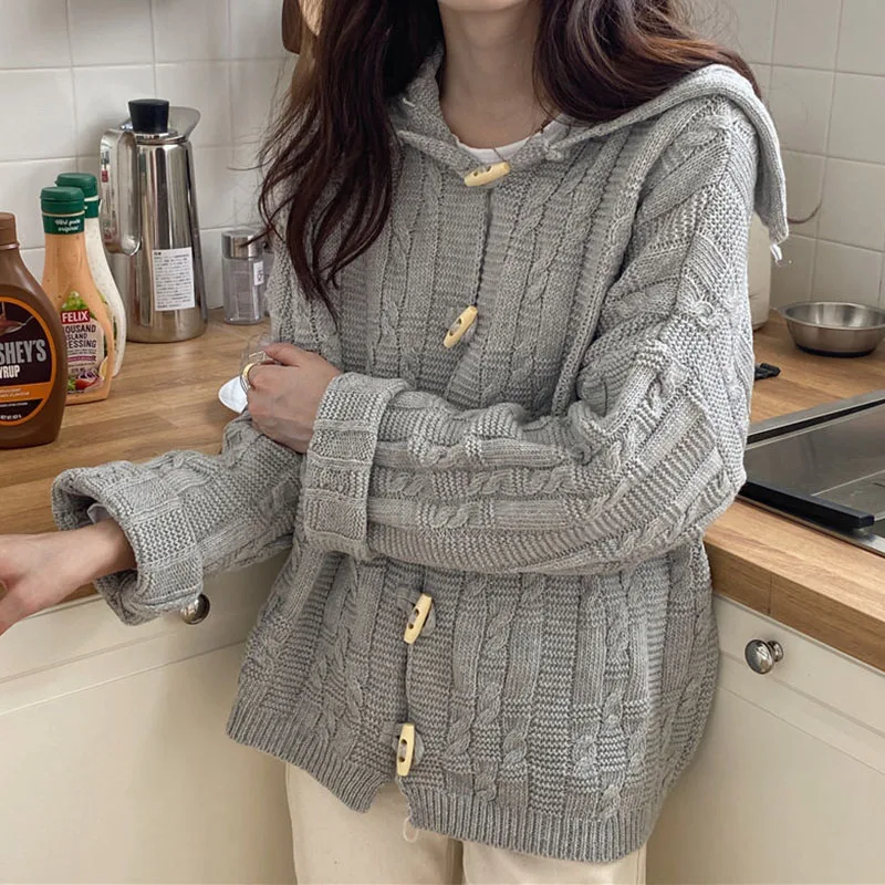 

Hdspq Horn Button Twist Sweater Coats Women Autumn Winter 2023 Lazy Style Loose Knitted Cardigan Woman Retro Hooded Knit Tops