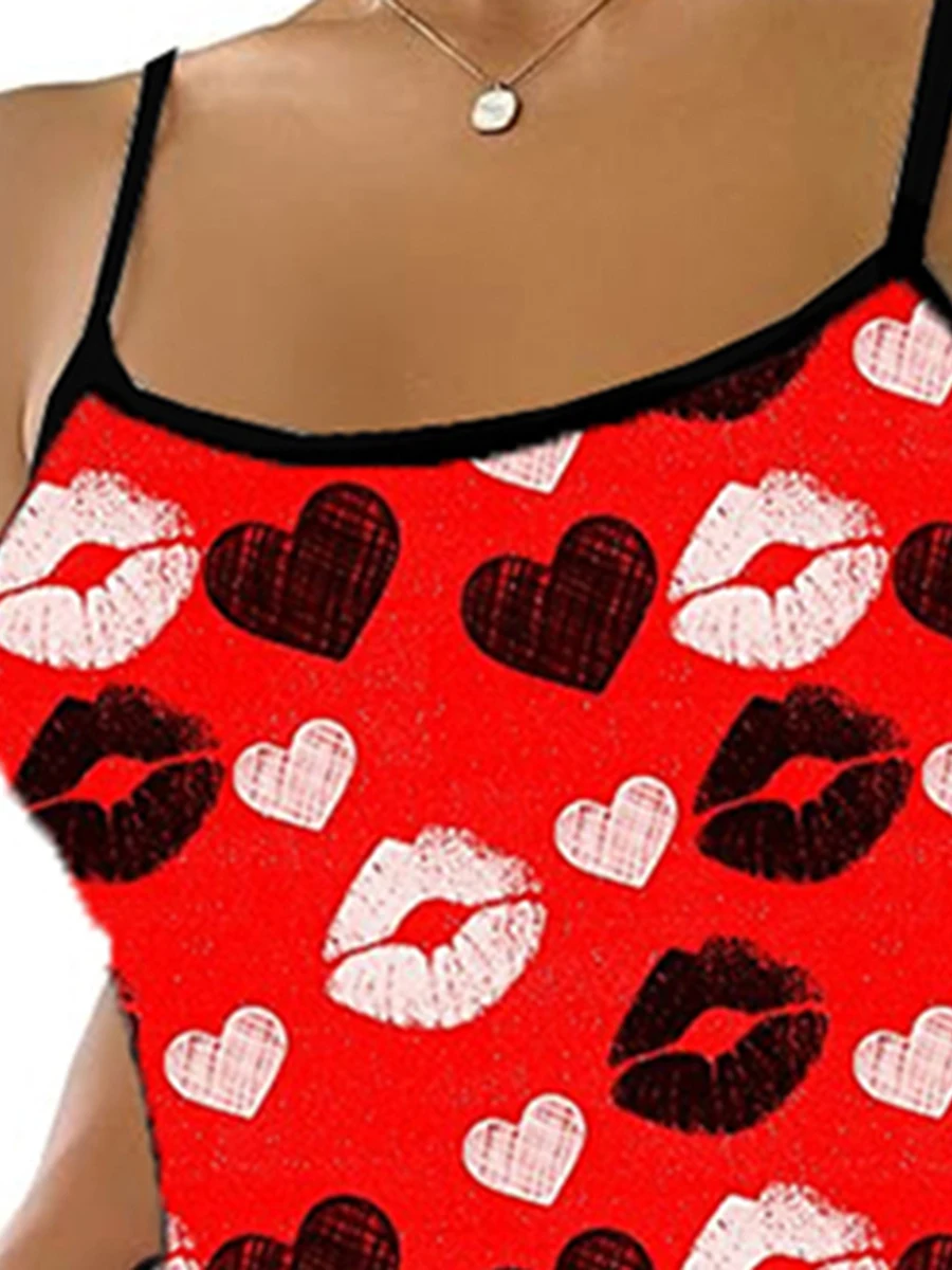 Women Valentine Pajamas Set Heart Lip Print Backless Crop Camisole and High Waist Shorts for Loungewear Soft Sleepwear