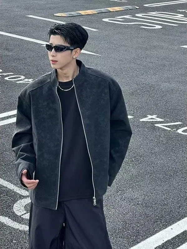 

American Retro Men's Leather Jaet Casual Stand Collar Trendy Spring Outerwear High Street Sle Windproof Polyester Fiber