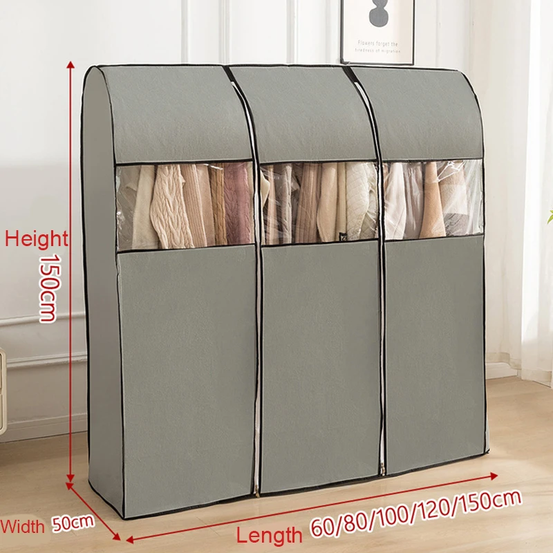 Grey New Non-woven Fabric Breathable Hanging Garment Bags Bedroom Clothes Storage Bag Well Sealed Floor Hanger Dust Cover Closet