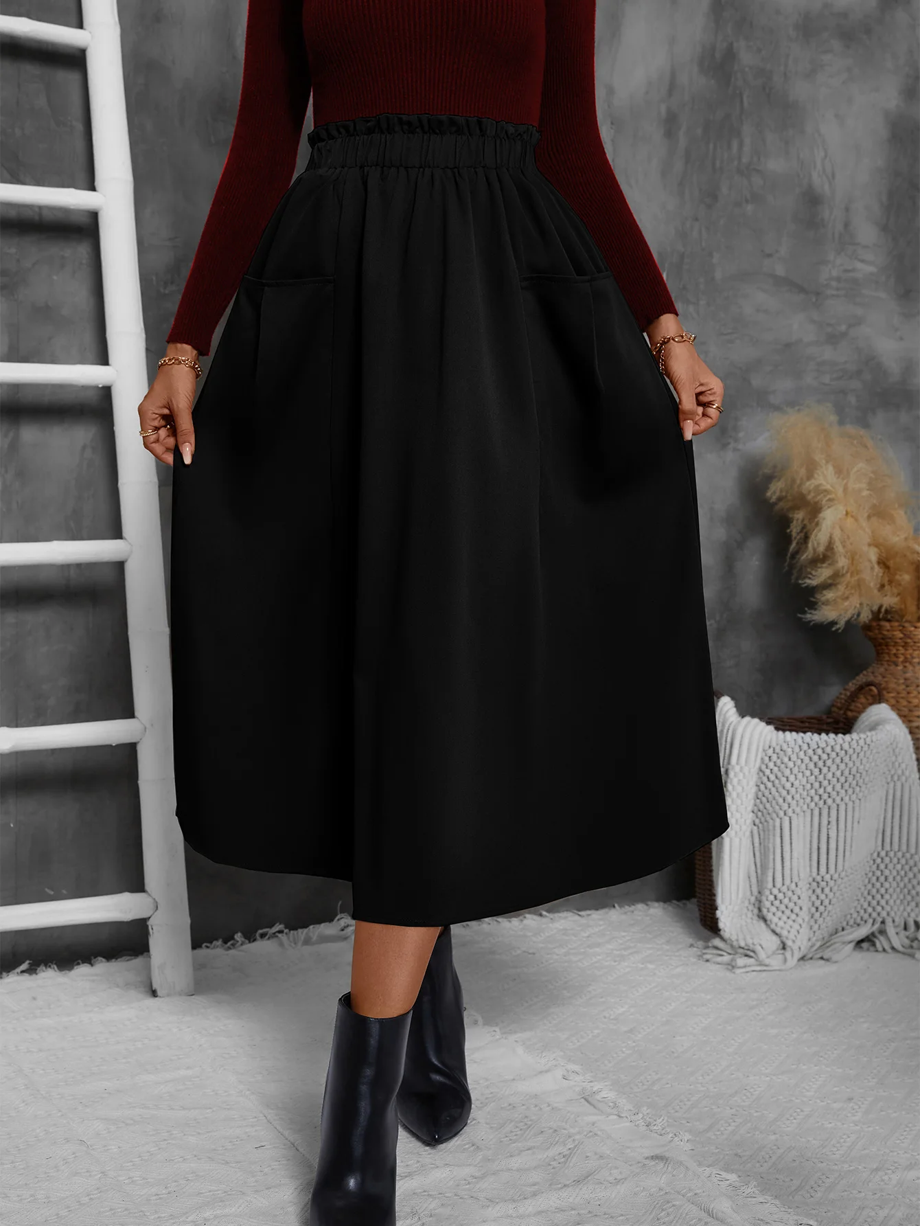Women's High Waist Flared Maxi Black Loose Fit Skirt with Large Pockets  Comfortable Office Daily Wear