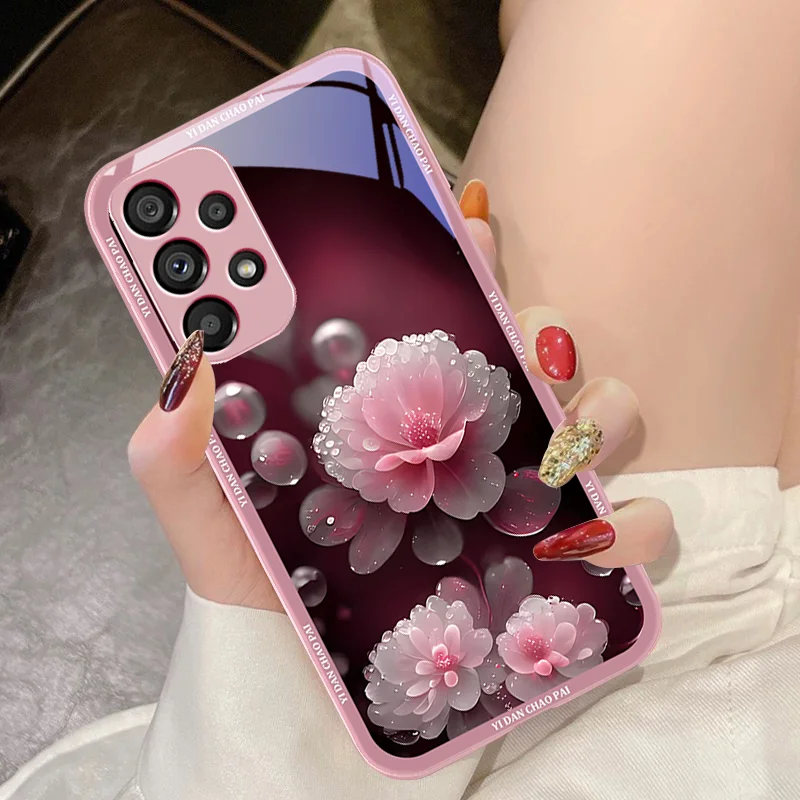 Dewdrop Flower White For Samsung Galaxy S10 4G S20 11E 30 S21 21Fe 22 S24 Pro S23 Ultra 5G S8 S9 Tempered Glass Phone Case