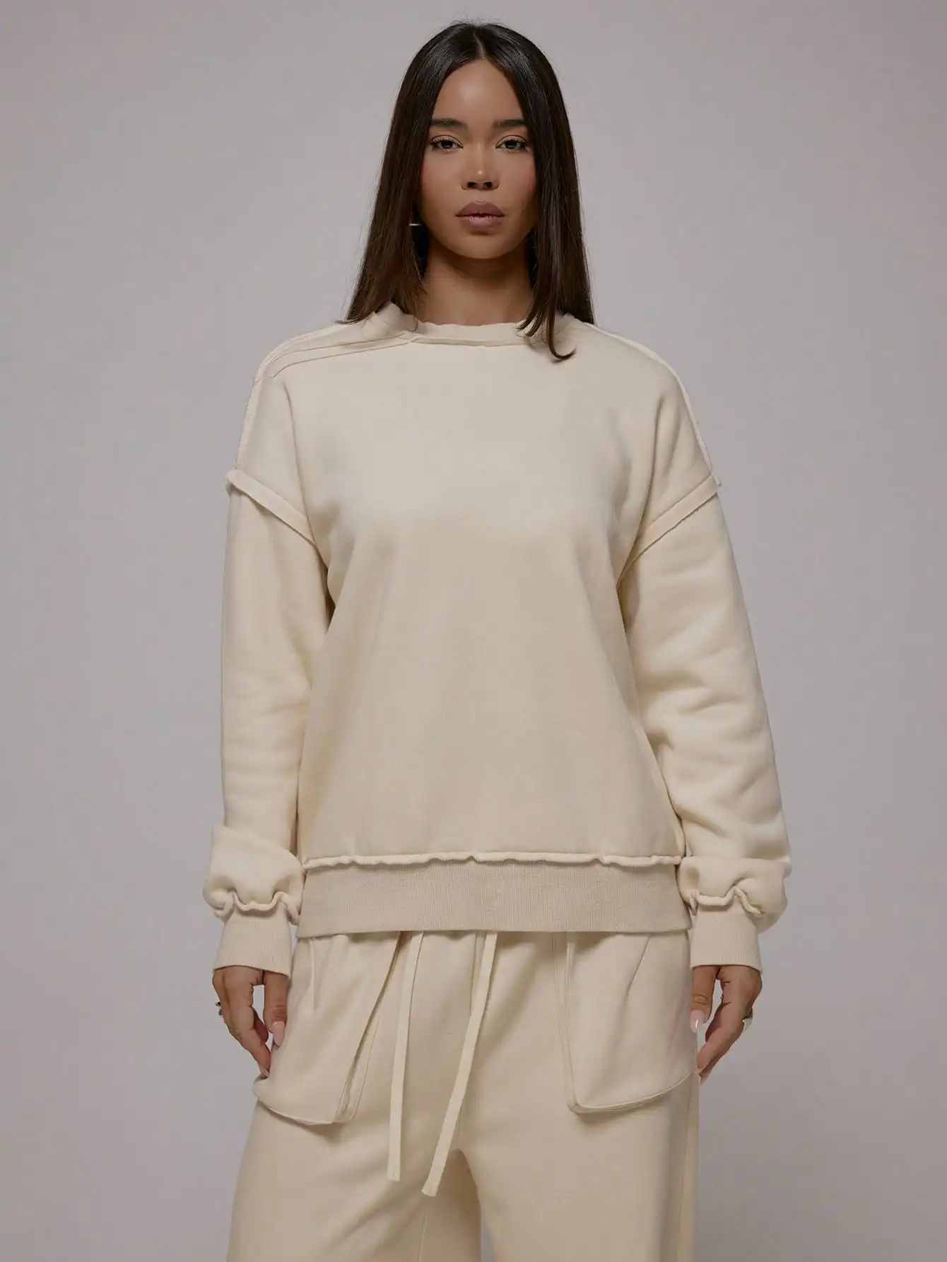 

MUSERA Washed Distressed Exposed Seam Sweatshirt Top Fall Autum Winter Streetwear Cool Girl Y2K Everyday Casual Sepia