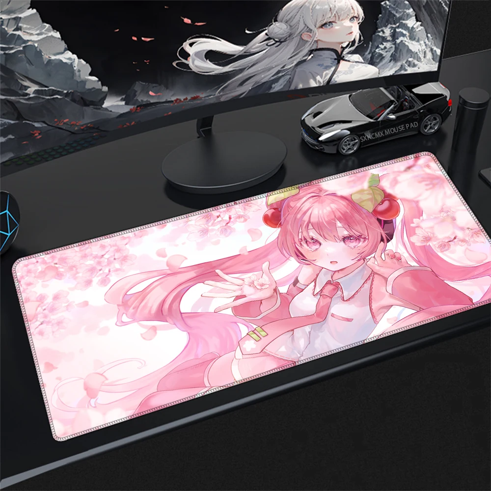 Kawaii Anime H-Hatsune M-Miku Pink Sakura Large Gaming Mouse Pad, Cute Girl Keyboard Desk Mat for Laptop PC Gamer Desktop Decor