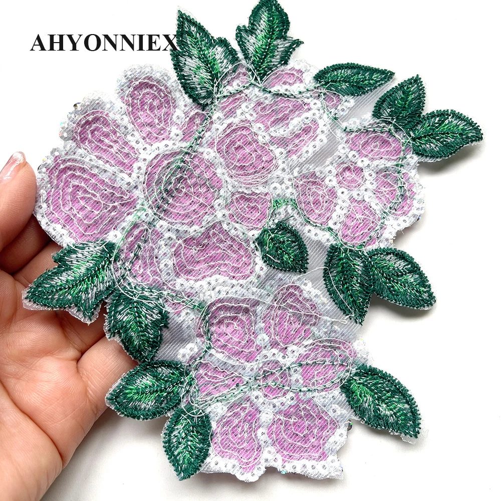 16.5CM X 14.8CM Rose Red Flower Embroidery Patch Sequin Patches For Clothing Appliques Sew On Parches for Dress