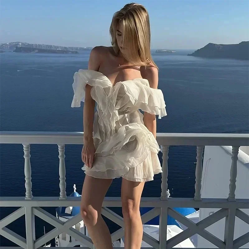 Elegent Layered Ruffle Edge Mini Dresses Women Sexy Boat Neck Sleeveless Backless Solid Dress 2024 Summer Lady Vacation Vestidos