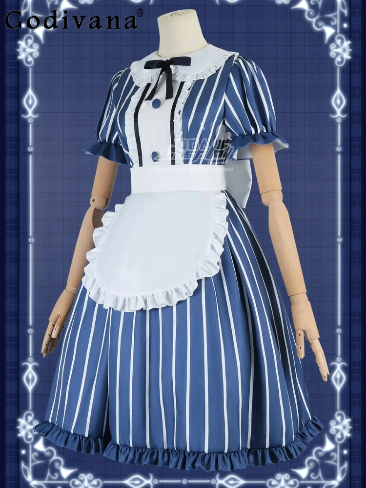 

Japanese Sweet Peter Pan Collar Short Sleeve Striped Cos Maid Dress Spring Summer Girl High Waist A-line Fashion Ruffles Dresses