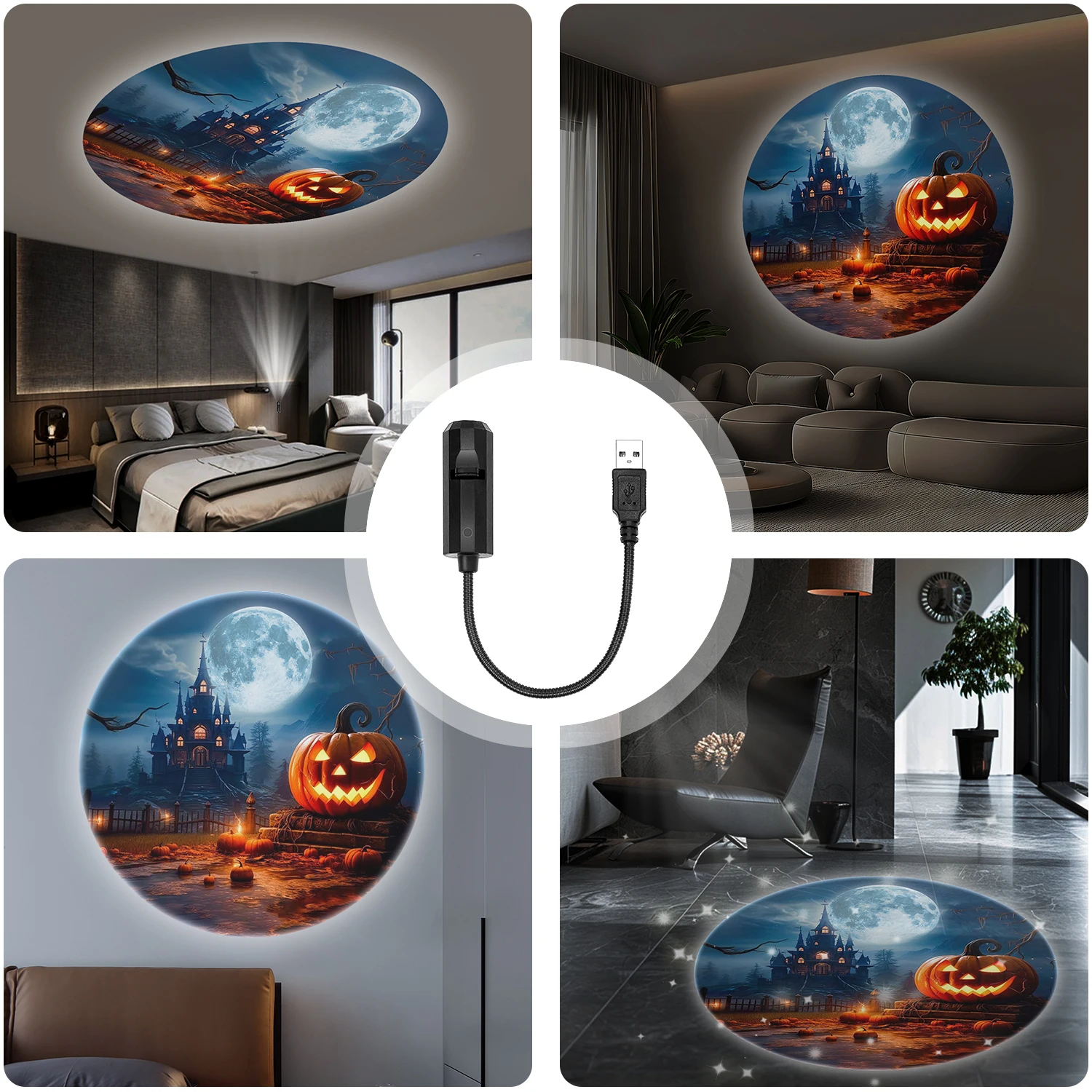 ضوء عرض جو LED، تصميم إبداعي لرأس اليقطين والقلعة، ضوء جو الهالوين، إضاءة مصباح USB