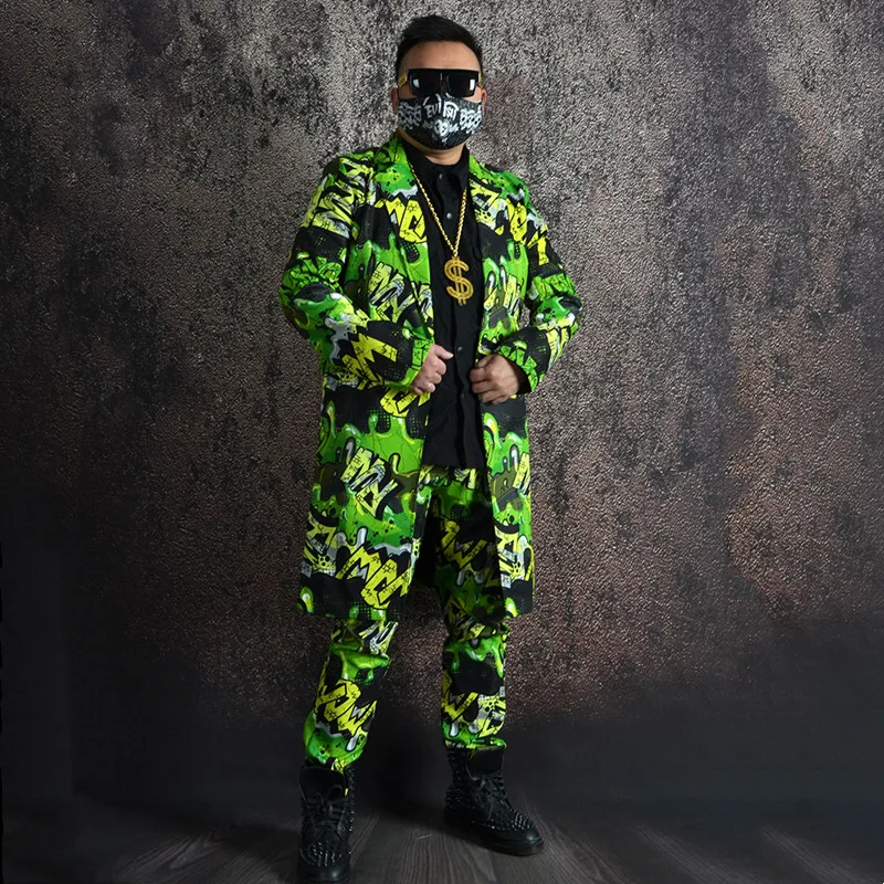 Men's Hip Hop Dancer Singer Dance Suits Green Letter Graffiti Printed Blazer Pants 2 Piece Set Bar Nightclub Suit Stage Costume