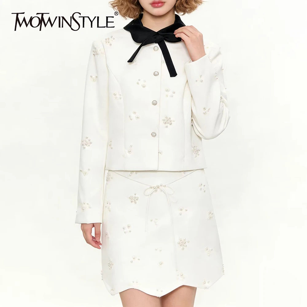 TWOTWINSTYLE Solid Spliced Beading Two Piece Set Female O Neck Long Sleeve Jacket Korean Sweet Women's Skirt Set Autumn Fashion