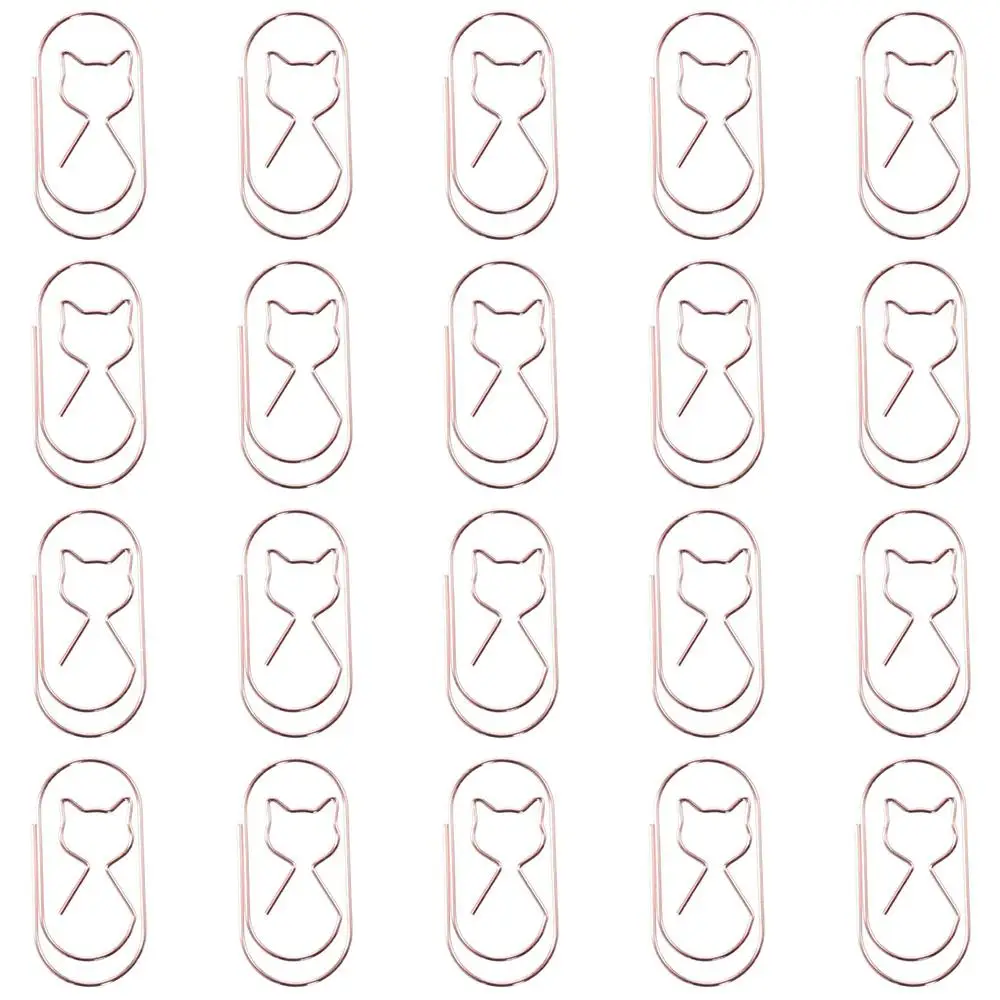 مشابك ورقية من الذهب الوردي ، معدن متين ، رابط كبير ، علامة مرجعية على شكل قطة ، 20 صولًا