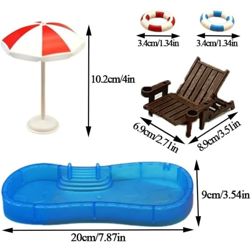 Conjunto de decoração de casa de bonecas em miniatura de praia com cadeira guarda-chuva anel de natação conjunto de piscina para casa de boneca acessórios de brinquedo
