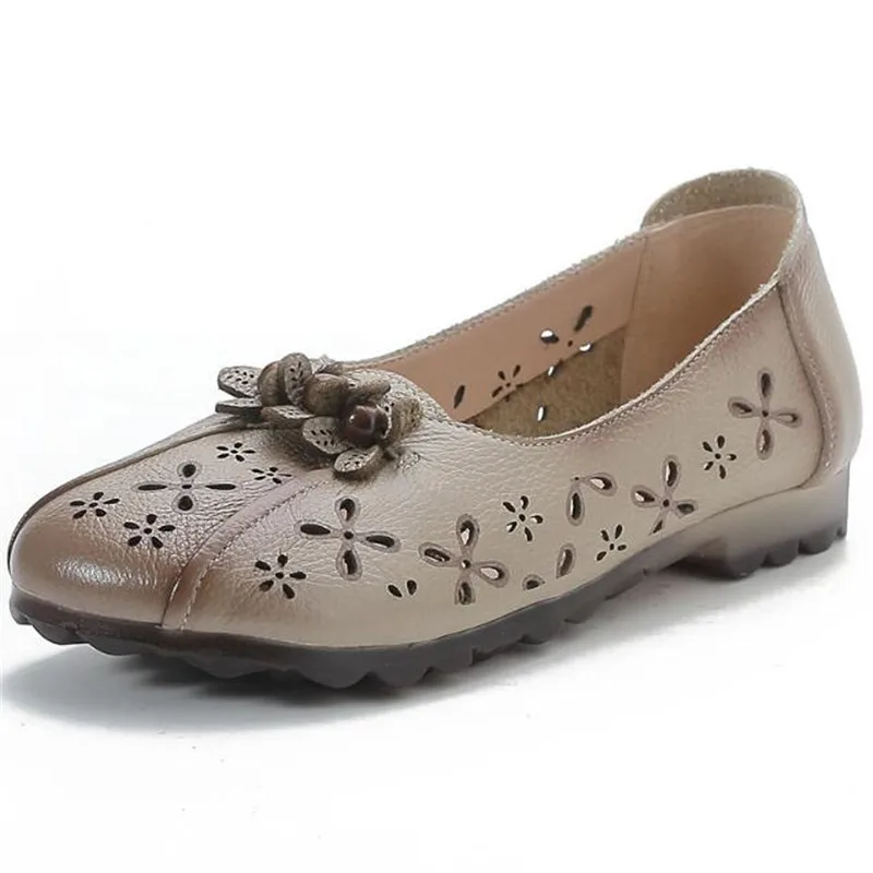 Genuine Leather Handmade Women's Shoes Women Hollowed Out Breathable Flat Shoes Sandals Cowhide Retro Mother's Leather Shoes