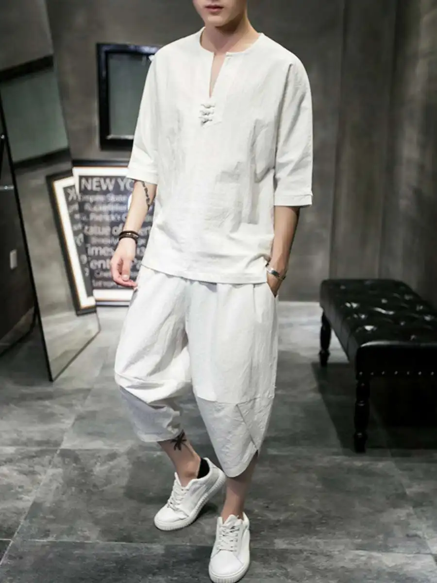 

Новый мужской комплект из хлопка и льна, летний, в корейском стиле, из двух предметов, модная одежда, футболка с рукавом 3/4, стильный наряд 202