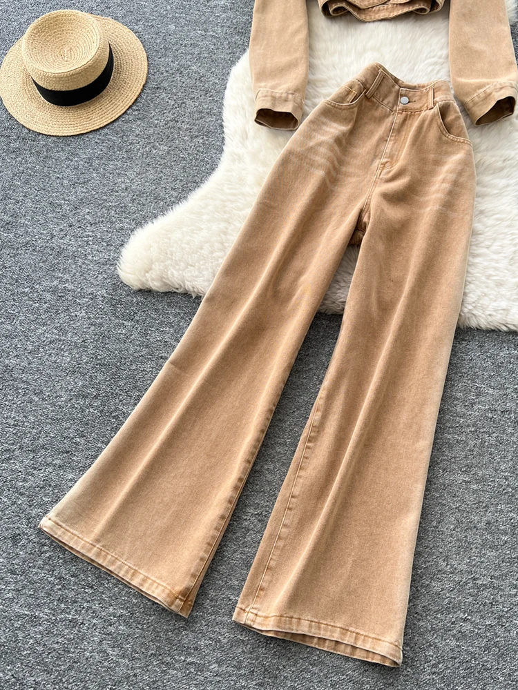 Hong Kong Sle Chic Faion Retro ort Denim Long Sve Jaet Hohe Taille Weites Bein Gerade Schnitt Hosen Herbst Zwei Stück Set