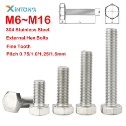 M6 M8 M10 M12 M14 M16 Fine Thread 304 Stainless Steel External Hex Head Bolts Screws Pitch 0.75/1.0/1.25/1.5mm