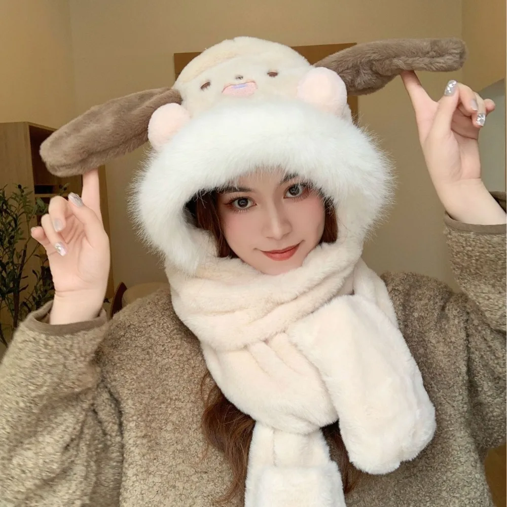 قبعة قطيفة كرتونية لطيفة، قبعة شتوية دافئة فروي، مجموعة مكونة من ثلاث قطع دافئة مقاومة للرياح والبرد