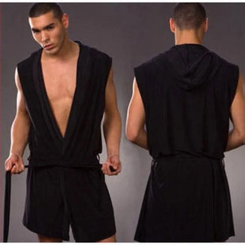 European Version Men's Bathrobe Men's Sleeveless Silky Pajamas Men's Hooded Bathrobe Men Ultra-thin Home Wear  Men Robe Kimono