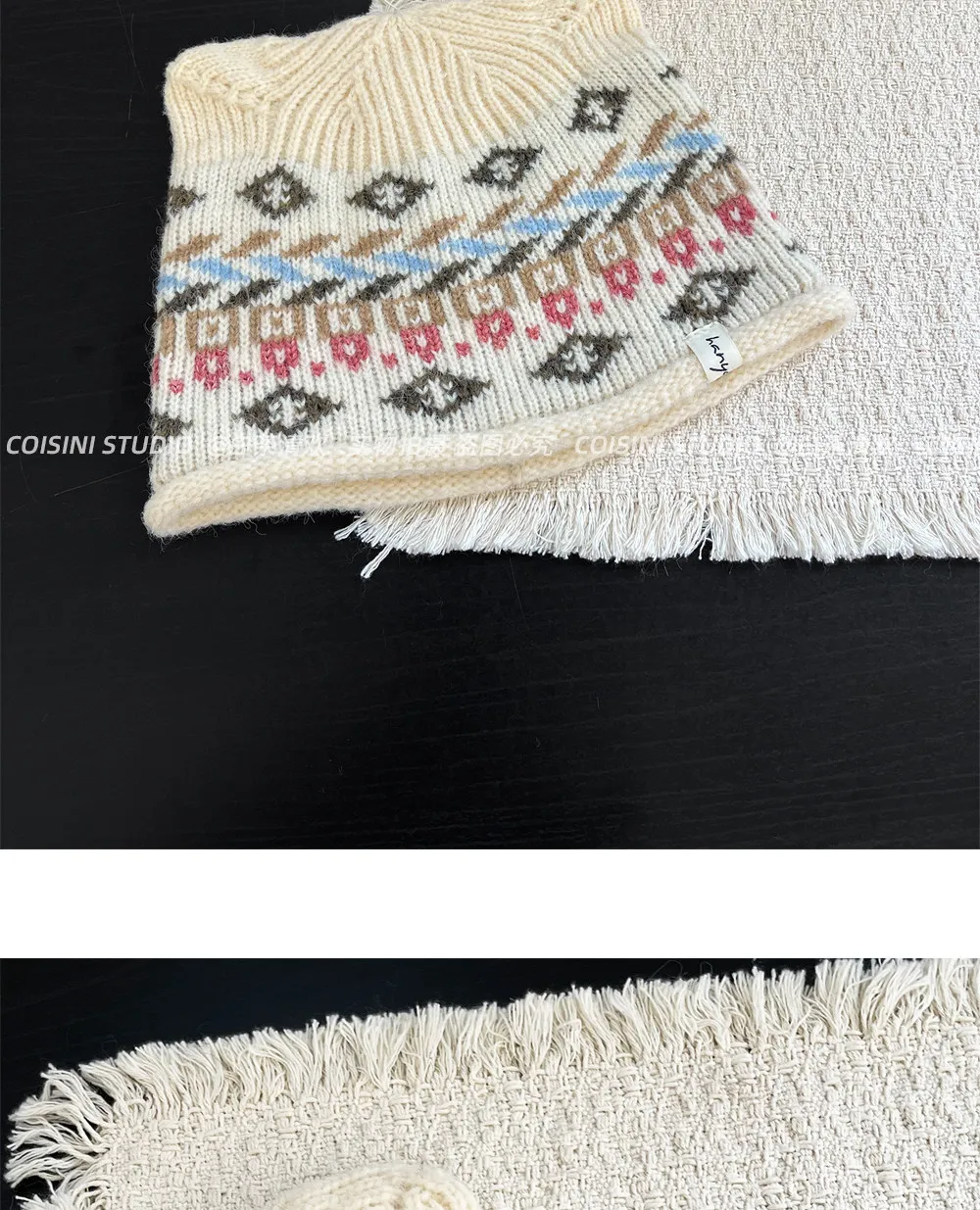 Niedliche Strickmützen mit Katzenohren im Fair-Isle-Stil für Damen, Vintage, ethnisch, geometrisches Jacquardmuster, warme Wintermütze, weiche Kopfbedeckung, Streetwear. – Detail 6