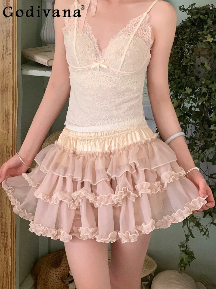 

Sweet Girl Summer A-line High Waist Fashion Cake Skirt Cute Lace Splicing Pink Age-reducing Versatile Princess Short Skirts