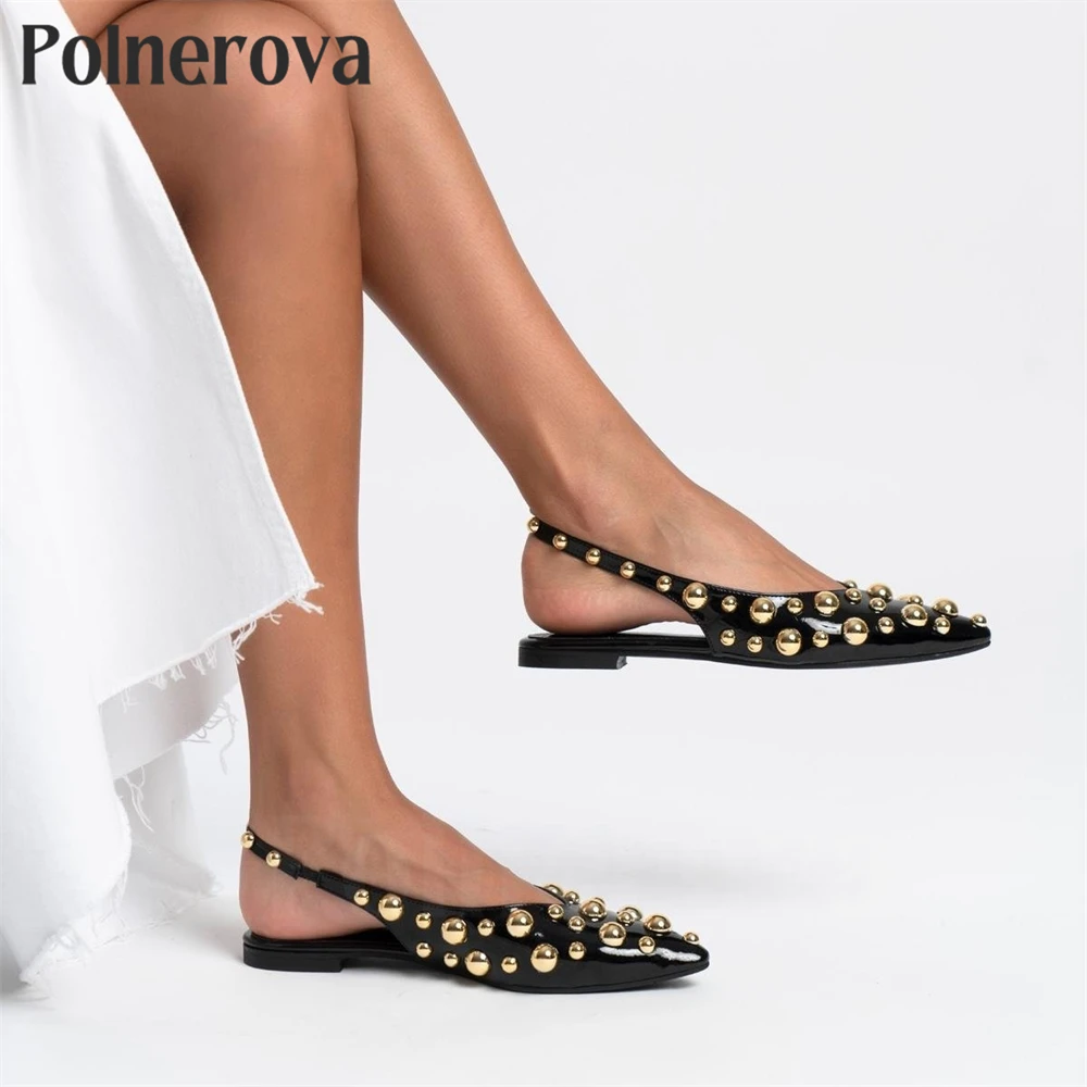 Metallic Beads Pointed Toe Flats Gold and Silver Metal Accessories Ballerinas Fashion Style Comfortable Slingback Slip-On Shoes