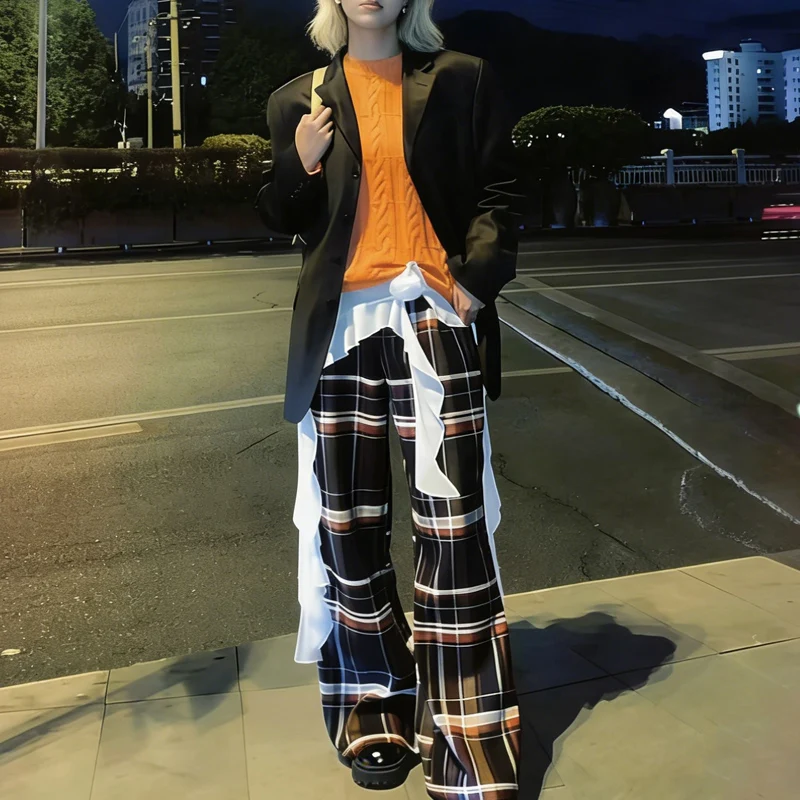 Women's Pants Plaid Wide Leg Pants Female High Waist Loose Casual Trousers 2026 Spring Streetwear Checkered Print Straight Pants