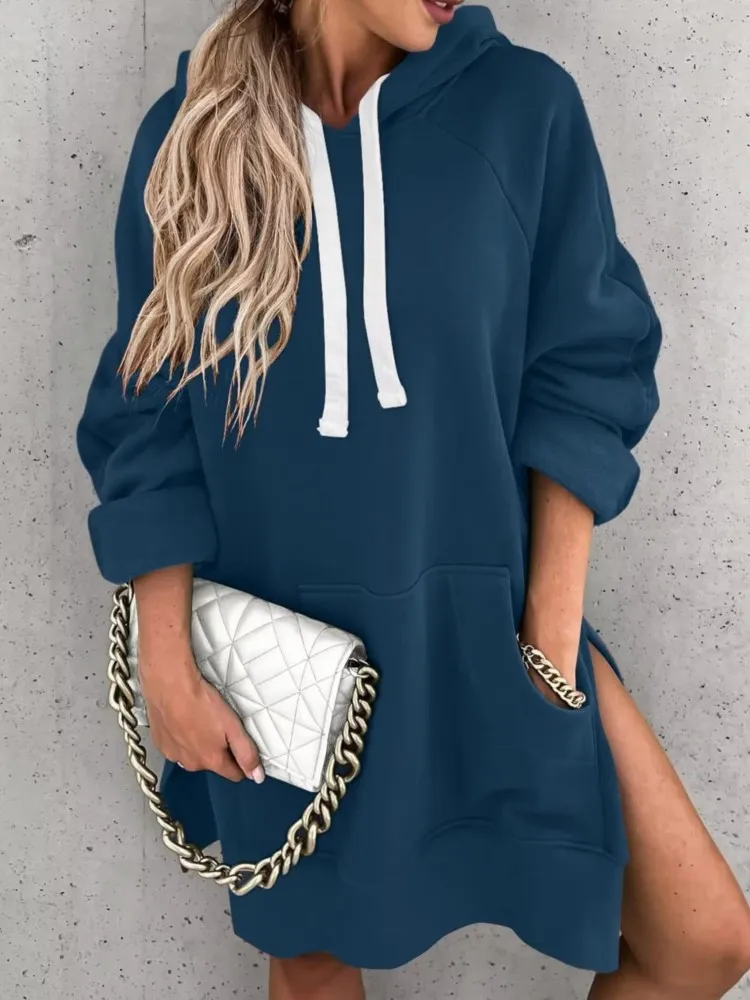Fashion Solid Hooded Long Tops For Women Casual Loose Long Sleeve Hoodie Top With Pocket Female Autumn Winter Warm Ladies Tops