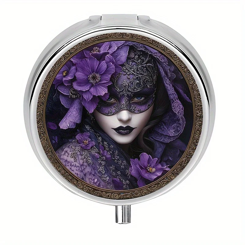 1 pill box with 3 compartments, featuring a purple mysterious Venetian mask theme, mini pill container, pill organizer, decorative metal storage box, used for storing medication and vitamins