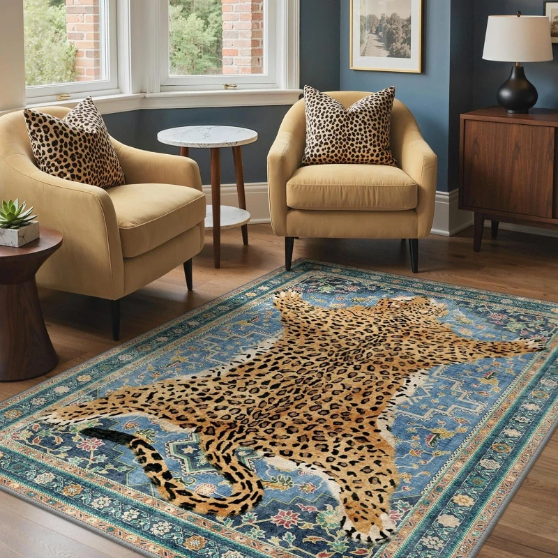 Carpet for Living Room Non-slip Machine Washable Floor Mat Bohemian Leopard Print Rug Large Size Carpets Home Decoration Ковер