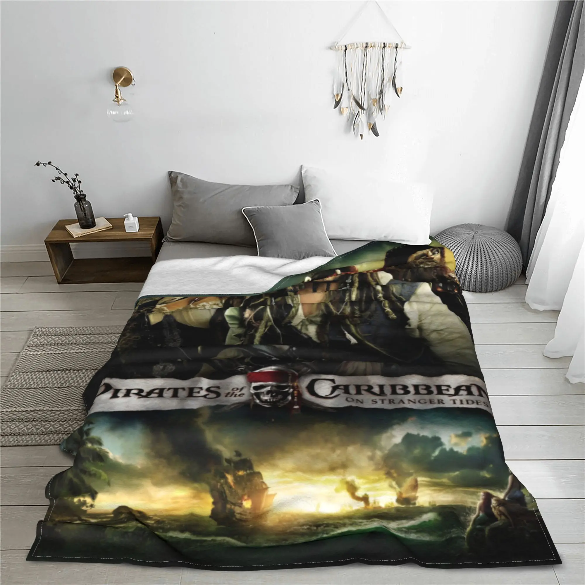 Pirates of The Caribbean Stanger Tides Flannel Throw Blanket Jack Sparrow Blanket for Home Couch Soft Outdoor Multifunction