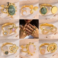 Letdiffery Golden Color Vintage Rings for Women Stainless Steel Colorful Natural Stones Irregular Adjustable Open Ring Jewelry