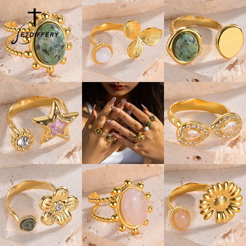 Letdiffery Golden Color Vintage Rings for Women Stainless Steel Colorful Natural Stones Irregular Adjustable Open Ring Jewelry