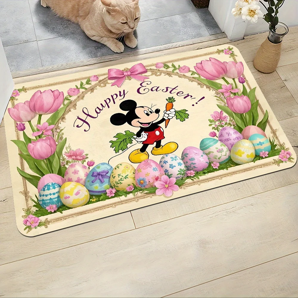 1 felpudo de bienvenida de poliéster para Pascua con diseño de Mickey y Minnie de Disney, grosor de 10 mm, 550 g/m², forma rectangular, antideslizante.