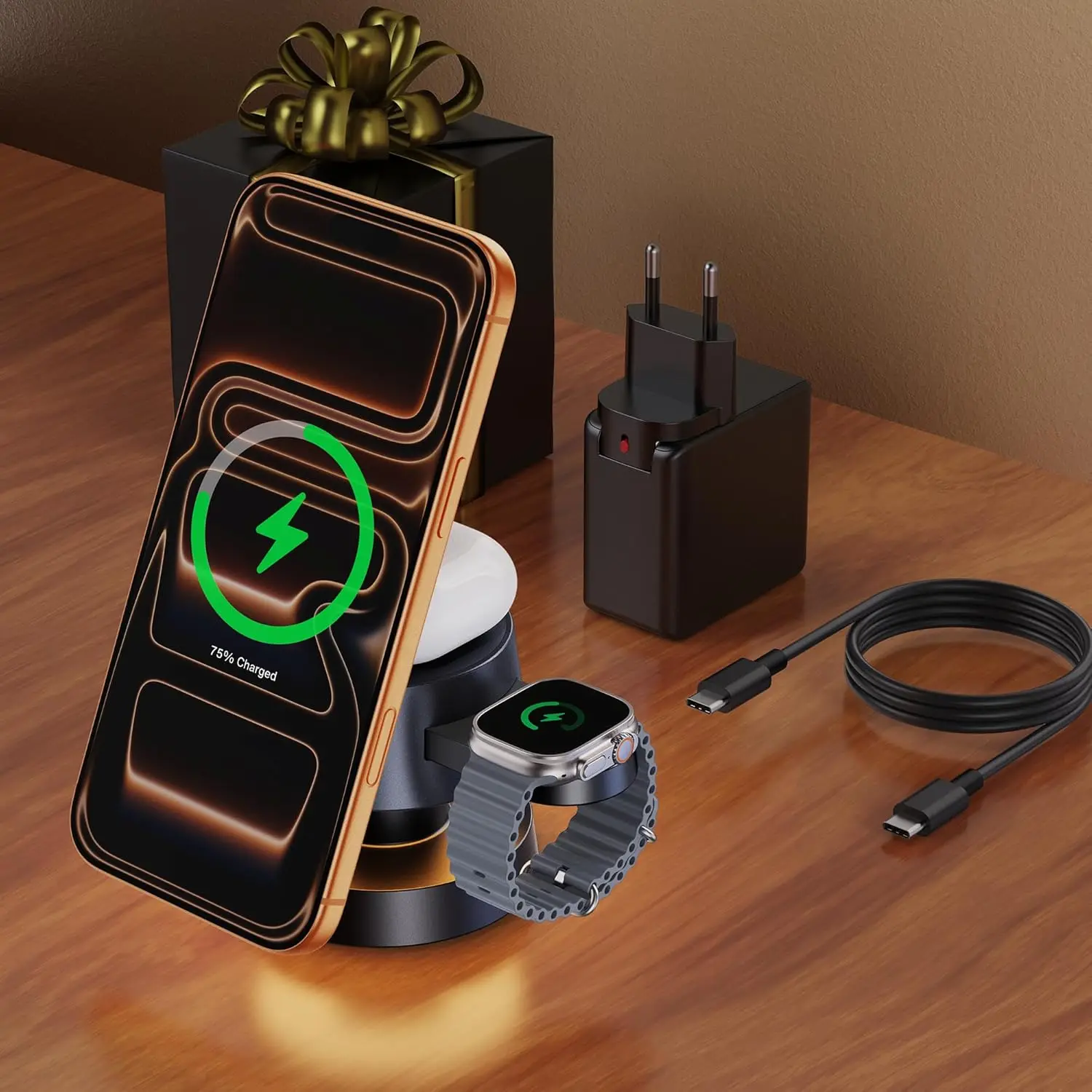 

4-in-1 Wireless Charging Station with Night-Lamp for MagSafe, iPhone, Apple Watch, AirPods - Includes 100W Adapter