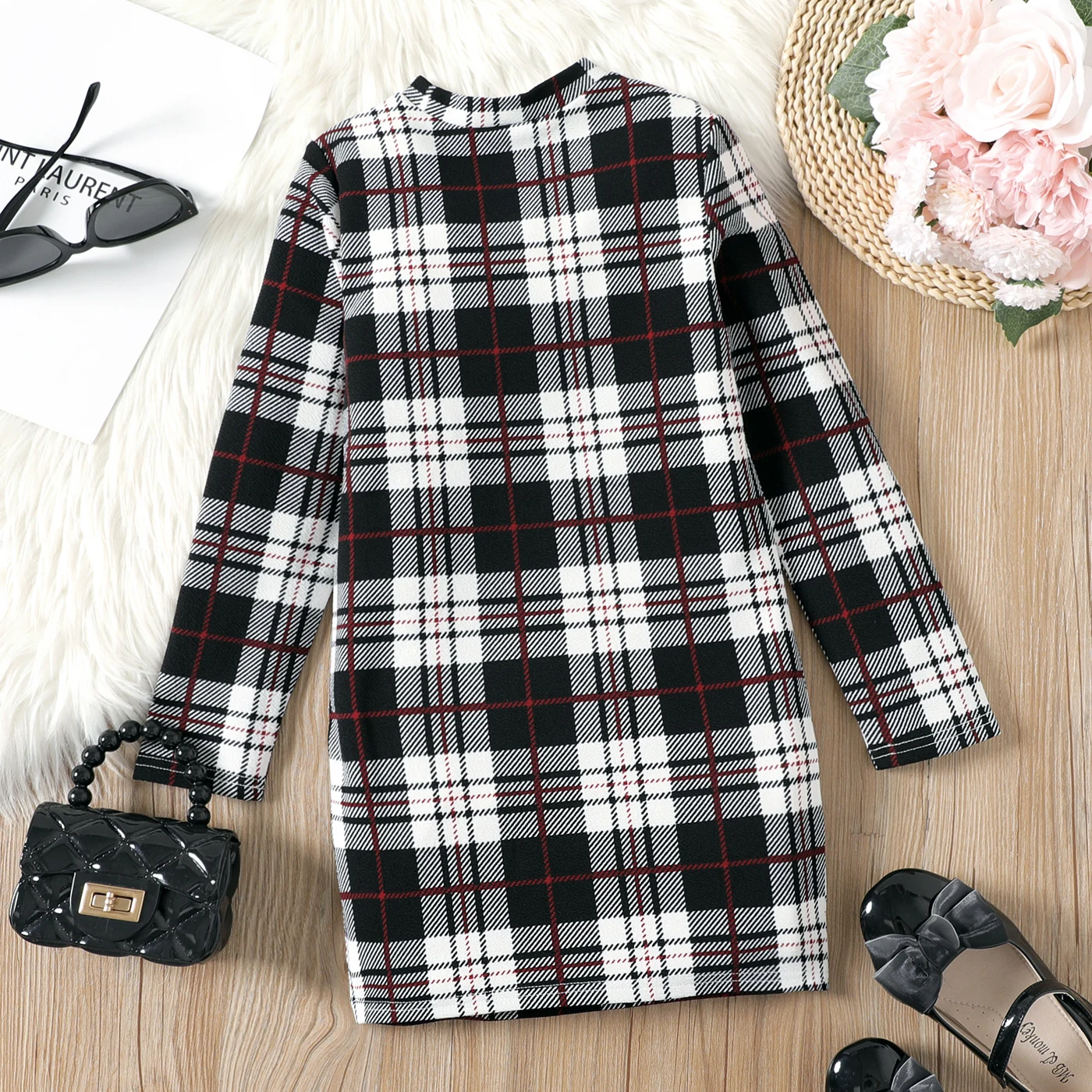 PatPat Christmas Dresses Kid Girl Christmas Plaid Stand Collar Long-sleeve Dress