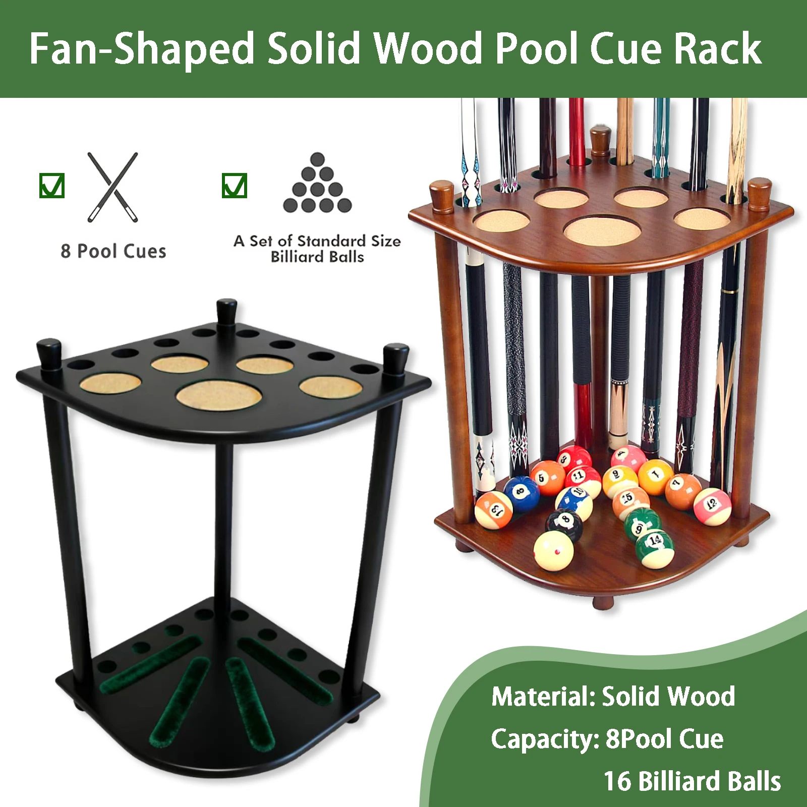 

Solid Wood Fan-Shaped Pool Cue Rack - High-End Floor-Standing 8-Hole Storage Rack