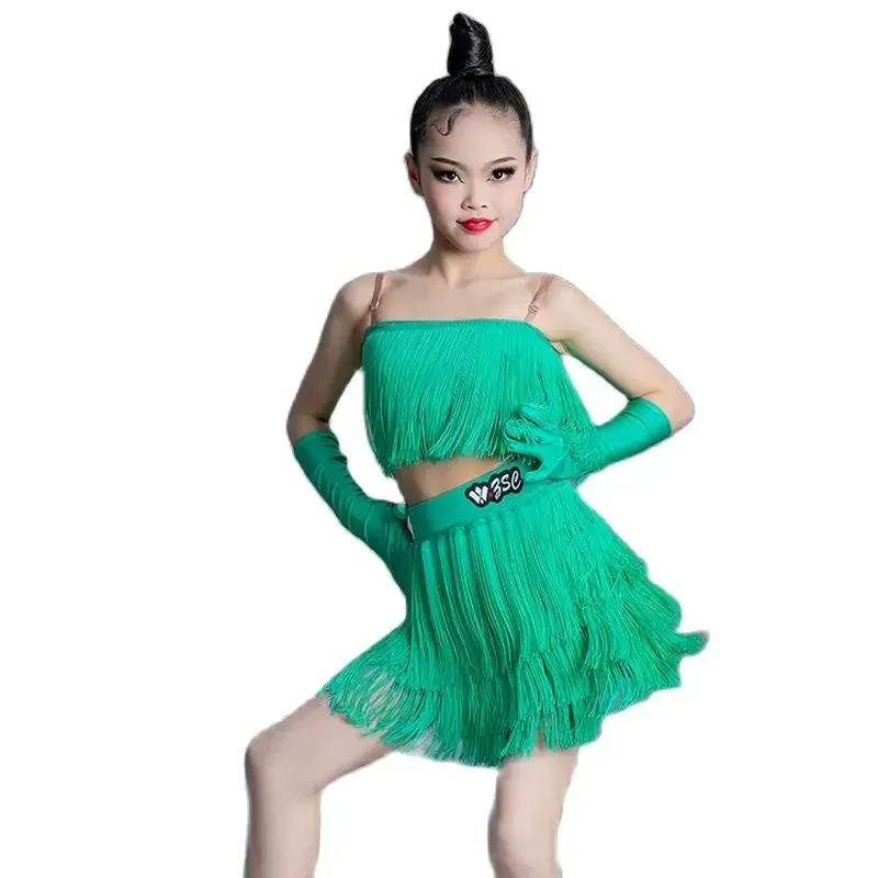 Vêtements de danse latine pour enfants, haut vert à franges, jupe de scène, costume de performance, vêtements de danse pour filles, SL8459