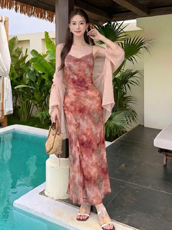 

Summer New Gentle Wind Gradient Strap Dress Set Long Sunscreen Cardigan Two-Piece Set Women's Fashion Chic Midi Skirt