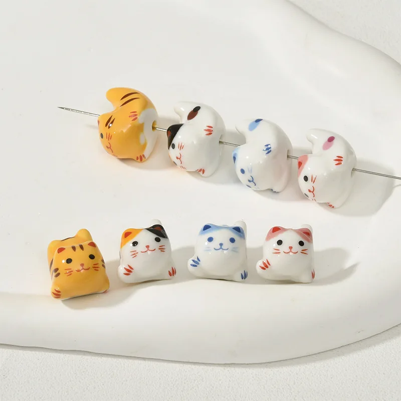 4pcs 15x20mm Cute Cat Ceramic Beads For Jewelry Making Loose Spacer Handmade Porcelain Bead DIY Bracelet Earring Accessories